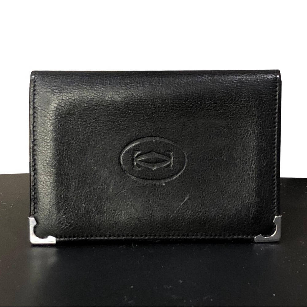 CARTIER Black Leather Card Wallet with Silver Metal Corner Accents